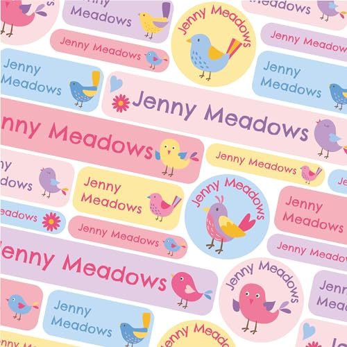 123 Name Labels for Kids No Iron Name Tags for Clothes Name Stickers for Water Bottles, School Uniform, School, Nursery, Care Homes, Washable and Dishwasher Safe for Children (Birds)