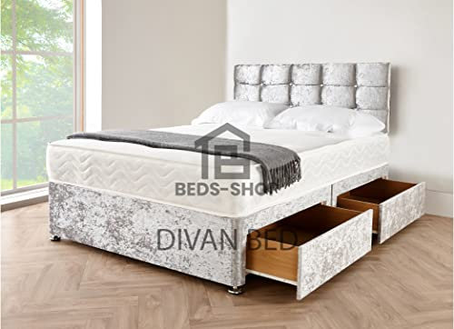 Divan Beds Deals – Elegant Double Silver Crushed Bed Frame with Premium 10” Spring Memory Foam Mattress | Bed Frame with Spacious 2 Storage Drawers & Stunning 20” High Headboard