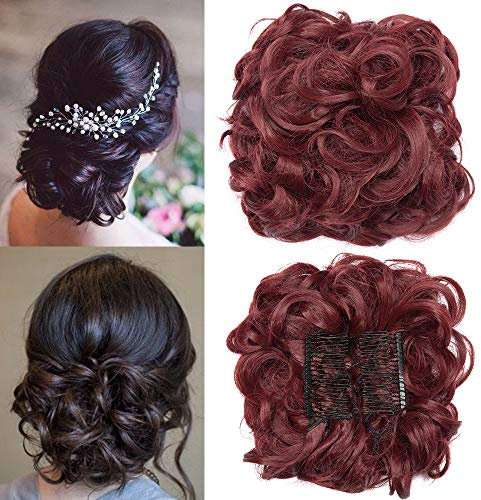 TESS Moño Postizo con Peine Vino Rojo, Pelo Natural 90g Rizado, Postizos y Coletas con Pinza