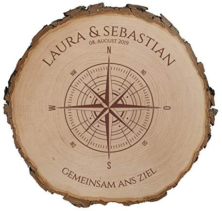 Baumscheibe mit Gravur - Liebes Kompass zur Hochzeit oder Jahrestag | Personalisiert | aus Echtholz | Koordinaten (18-20 cm Durchmesser)