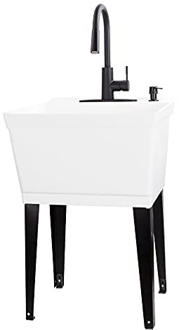 VETTA White Utility Sink Laundry Tub with High Arc Black Kitchen Faucet by VETTA - Pull Down Sprayer Spout, Heavy Duty Slop Sinks for Washing Room, Basement, Garage, or Shop, Free Standing Tubs