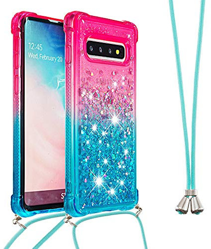 Handykette Handyhülle für Samsung Galaxy S10e Hülle,Glitzer Quicksand kreatives Fließende Flüssigkeit schwimmt Silikon Case mit Umhängeband Handykordel Band Kette für Galaxy S10e,YB GS Pink Blue