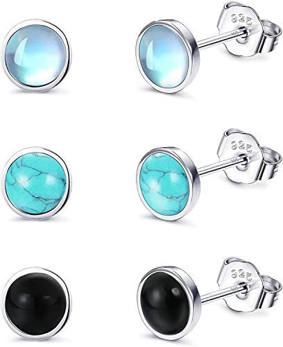 LOLIAS 4MM 925 Sterling Silber Ohrstecker Set für Damen und Teenager - Blau und Türkis Mondstein Ohrringe mit Hypoallergene Runde Edelstein Ohrstecker - Geschenk für Tochter oder Damen