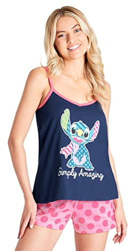 Disney Pyjama Femme, Ensemble de Pyjama Court Caraco et Short, Pyjashort Coton, Pyjama Stitch, Bourriquet, Minnie, Marie Aristochat, Cruella S-XL (Navy/Rose Stitch, M)