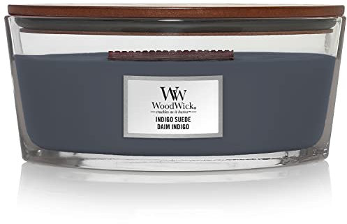 Millefiori WoodWick Ellipsenförmige Duftkerze mit knisterndem Docht | Indigo Suede | bis zu 50 Stunden Brenndauer