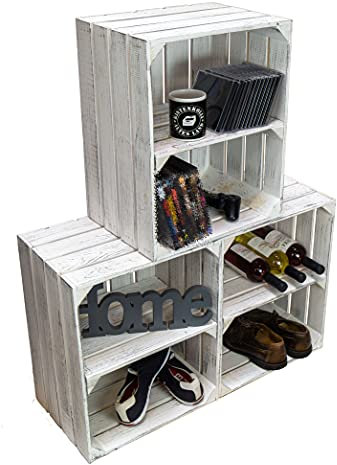 Holzkisten Shabby weiss Schuhablage Schuhständer DIY Upcycling Regalbau Schuhaufbewahrung für Kinder und Erwachsene stabiles Regal in Obstkisten Weinkisten Optik (Shabby weiss Quer, 3er Set)