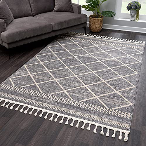 payé Teppich Wohnzimmer Kuzflor - Grau - 140x200cm - mit Fransen Deko Boho Rautenmuster Schlafzimmer Flur Dekoration Läufer - Skandinavische Teppiche
