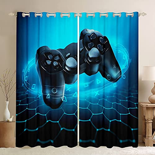 Teens Video Game Curtains Kids Gamer Blackout Curtains For Boys Gaming Window Curtains Black Blue Gamepad Honeycomb Window Drapes 2 Panel Set Bedroom Living Room Decor 46X54