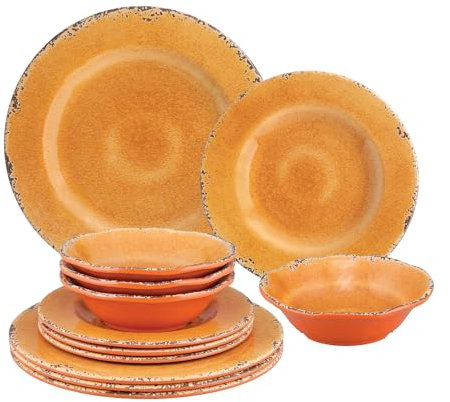 UP 12-Piece Melamine Dinnerware Set, Includes Dinner Plates, Salad Plates, Bowls, Service for 4. (Crackle, Orange),A_849