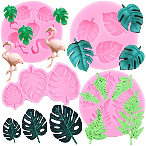 ZiXiang Lot de 4 moules en silicone en forme de feuilles tropicales pour décoration de cupcakes et de gâteaux en argile polymère - Motif flamant rose