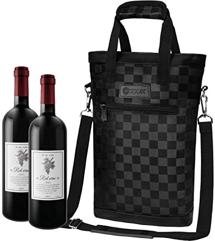opux Two Bottle Wine Bag Carrier Tote, Insulated Leakproof 2 Bottle Wine Cooler Bag for Travel BYOB Picnic, Portable Wine Case, Gift for Men Women Wine Lover Birthday Party Christmas, Checker Black