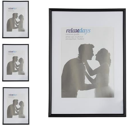 Relaxdays 24 x Bilderrahmen, Din A4, Passepartout 15x20 cm, Glasscheibe, Fotorahmen zum Stellen & Hinhängen, Rahmen, schwarz