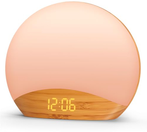 REACHER Wood Grain Sunrise Alarm Clock and Sound Machine Nightlight, Digital Dimmable Clock for Bedroom, 26 Sleep Sounds, White Noise Machine for Baby, Adults, Wake Up Light Alarm Clock for Kids