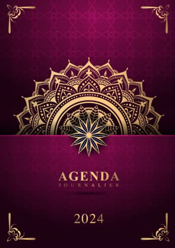 Agenda 2024: A4 Journalier 365 jours 1 page par jour avec heure de Janvier à Décembre Grand Format (Couverture Mandala Rose Dorée)
