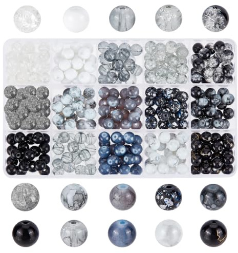 PandaHall 300 Stück 8mm Schwarze Glasperlen, 15 Farben Armbandperlen Marmor Lose Perlen Knistern Backen Bemalte Perlen Abstandshalter für Herren Armbänder Halsketten Schmuckherstellung Halloween