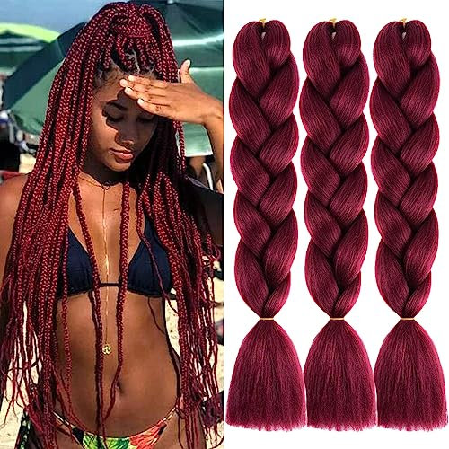 PORSMEER 3 Stücke Jumbo Braid haare zum einflechten 24 Zoll 100g Kanekalon Haar Flechten Extensions Für Crochet Twist Flechten Haar Braiding Haarverlängerung,weinrot