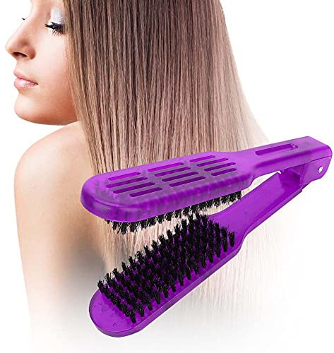 Double Smoothing Brush Hair Straightener Comb, Clamp Brush Piercing Skin Marker Brush Comb for Hair Straightener Plywood Comb Antistatic Styling Comb Hairdressing Tool Hair Straightening Comb(Violet)