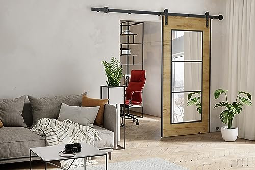 KIER FURNITURE POLI Wall-Mount Schiebetür – Schiebetür Komplettset Schiene Komplettset Mit Tür – Zimmertüren Mit Zarge Komplett - B76xH205xT1,6 cm - Eiche Craft