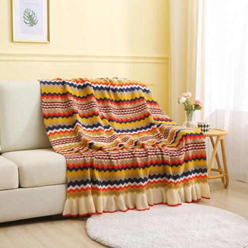 Menkala Kuscheldecke Ethno Boho Style Gelb Decke Gestrickt mit Rüschen Tagesdecke Gestreift Bunt Strickdecke Sofadecke Wohndecke Couchdecke für Sofa Büro Betten Wohnzimmer Schlafzimmer 150x220cm