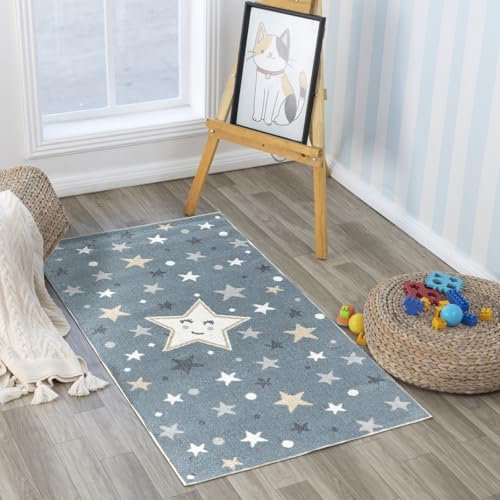 Livabliss Sterne Kinderteppich waschbar - Cartoon Teppich 80x150 cm, Sterne Teppich Kinderzimmer oder Babyzimmer, Waschbarer Krabbelteppich, Spielteppich - Baby Teppich für Jungen & Mädchen, Blau