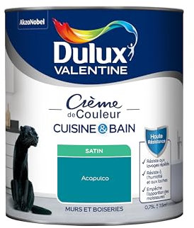 Dulux Valentine Peinture Intérieure Crème de Couleur Cuisine et Salle de Bain - Pièces Humides Murs et Boiseries - Résistant aux taches et à l'humidité - Satin Acapulco 0,75 L