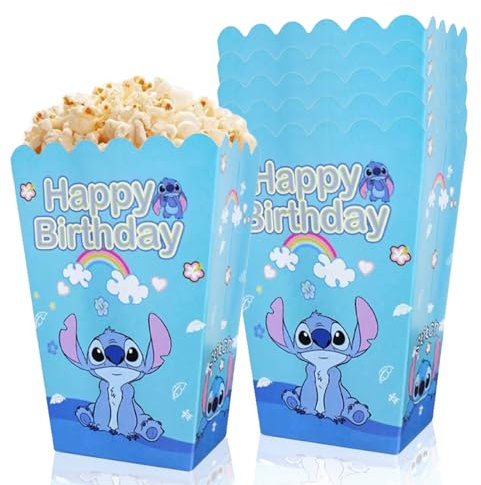 POPOYU Stichs Popcorn Box Kraftpapier Popcornboxen 6er Pack Popcorncontainer Groß Popcorn Tüten Blaue Stichs Partyboxen für Kino, Filmabende, Kindergeburtstag Weihnachten und Stichbesteck Besteck Set
