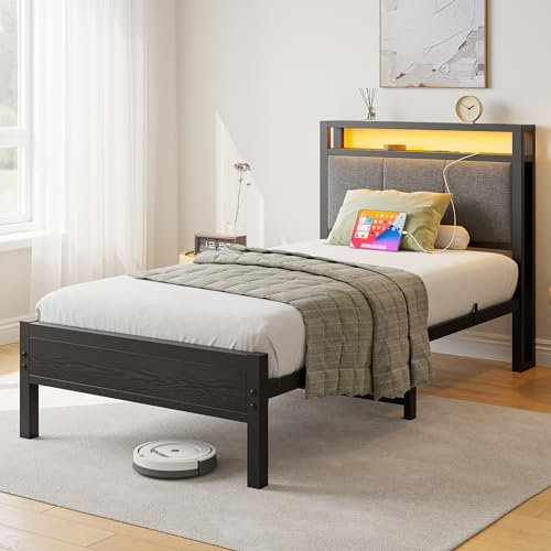 FOUBAM Bett 90x200,Bettgestell mit Ladestation, Robustes Metallbett mit Holz Stauraum-Kopfteil aus Stoff,Gästebett Jugendbett Einzelbett Bettrahmen,Metall mit Lattenrost, Schwarz