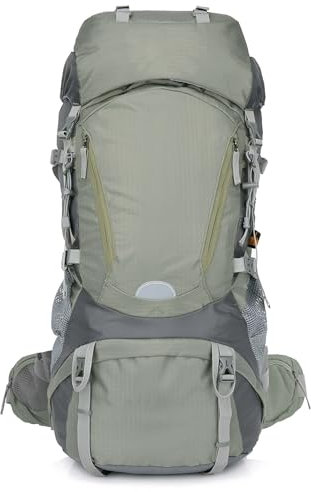 Outplea Trekkingrucksack Atmungsaktiv 60L Herren Damen, Bequem Wanderrucksack mit Innenrahmen, Wasserdichter Reiserucksack für Camping Wandern Mountainering Bergsteigen, Grau Grün
