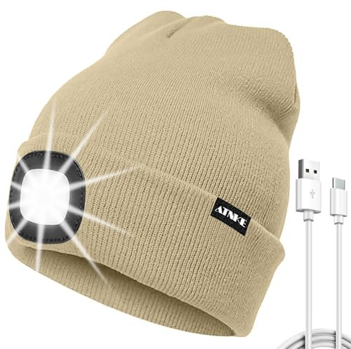 ATNKE LED Mütze mit Licht, USB Typ C Wiederaufladbare 4 LED Beleuchtete Laufmütze Extrem Heller Lampe Winter Warme Stricken Mütze für Herren und Damen Geschenke/Beige