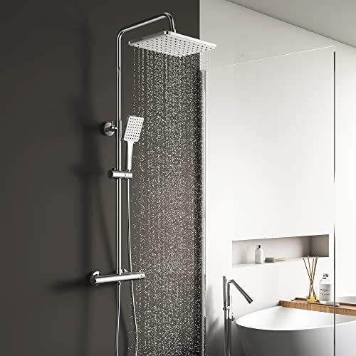 YOOZENA Thermostatic Shower Mixer Set,Overhead Rainfall Shower,Handheld Shower,Shower Mixer Bar,Height Adjustable Shower System for Bathroom,Chrome