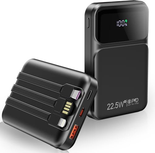 WIXLI 10000mAh Portable Charger with Built-in Cable, PD 22.5W Fast Charging USB C Battery Pack, Cell Phone Power Bank LED Display for iPhone 15/15 Pro/15 Plus/14/13/12/11/X, Samsung, etc (Black)