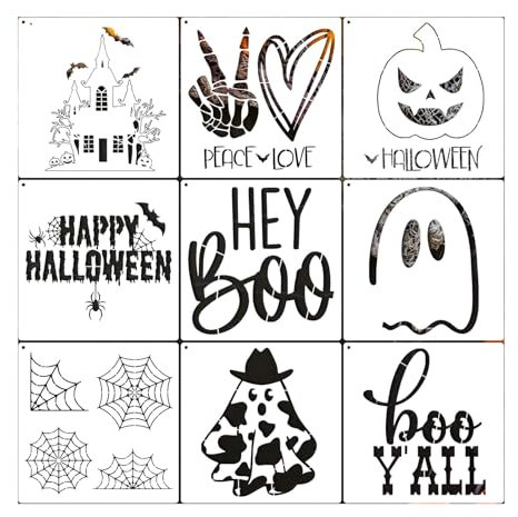 TELAIN 9 Stück Halloween Fußmatten-Schablonen, Große Handwerks-Schablonen für Türmatten, Geister, Spinnennetze, Wiederverwendbare Malvorlagen für das Bemalen von Fußmatten
