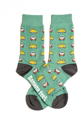 Chaussettes fantaisie pour homme et femme | Amusantes et originales | Coton brodé avec motifs rétro et modernes, VW Vert, 41-45