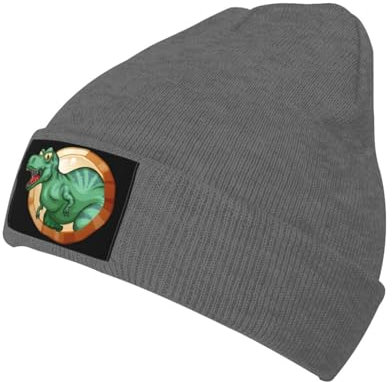 Oudrspo Beanie-Mütze mit rundem Knopf und Dinosaurier-Motiv, Dunkelgrau, für den Winter, warme Strickmütze mit Bündchen