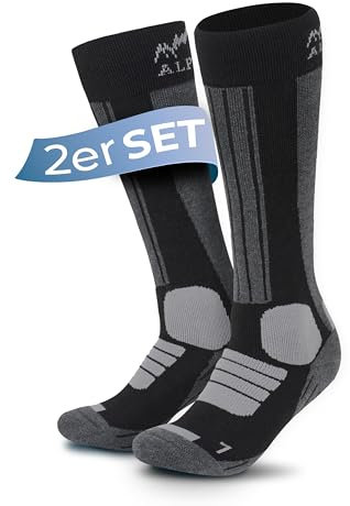Alpenwert MERINO Skisocken [2 PAAR] für Herren, Damen und Kinder, 35-38, 39-42, 43-46 warme Skistrümpfe Wintersocken Skifahren/Snowboarden (DE/NL/SE/PL, Numerisch, 39, 42, Regular, Regular, Schwarz)