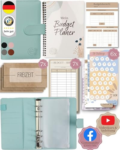 BeginnerBudget® Budget Planner Deutsch - Starterset mit Sparchallenge + Budgetplaner (144 Seiten) - Sparen mit Umschlagmethode + Anleitung Ringbuch, Binder A6 Glattleder, vegan (Blau)