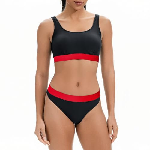 iSLASISIA Damen Sport Badeanzüge Zweiteiliger Crop Top Gerippter Bikini mit frechem Unterteil(Schwarz & Rot,EU38)