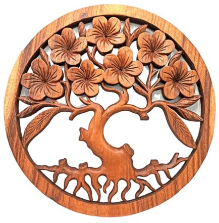 Ancient Wisdom Suar Wood Wall Panel, Tree of Life with Frangipani Design, Handmade Carved Décor