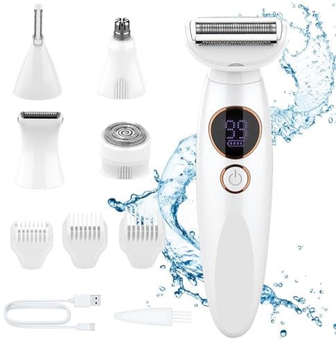 Rasierer Damen, 5 in 1 Damenrasierer Elektrisch mit 5 Aufsätze, Schmerzfreier Intimrasierer für Frauen, IPX7 Wasserdicht Trimmer für Körper, Achseln, Bikini, Augenbrauen und Nase