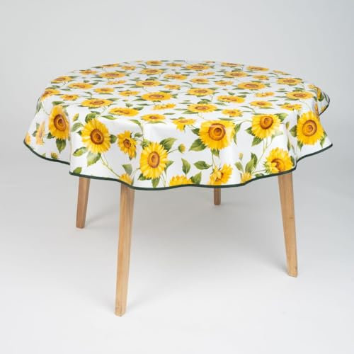 laro 160cm runde Wachstuch Tischdecke abwaschbar Wachstuchtischdecke mit Saum-Eingefasst-Paspelband, Muster:Sonnenblumen Sonnenfreude Gelb Weiß, Größe: Rund 160cm