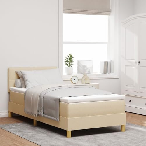 vidaXL Boxspringbett Mit Matratze Creme Knopf-gefüllt 100X200 cm Stoff Modernes Design Für Erwachsene Holzbeine Einfache Montage Und Komfortmatratze. Schlafzimmermöbel Boxkissen Gestell Topper Schaum