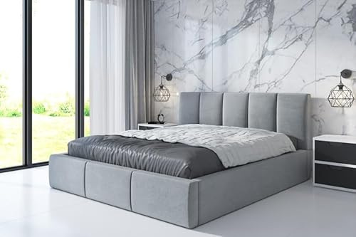 A&J MöbelLand Polsterbett 120x200 mit Bettkasten und Lattenrost – KENET, Bett mit Matratze und Stauraum in Hellgrau