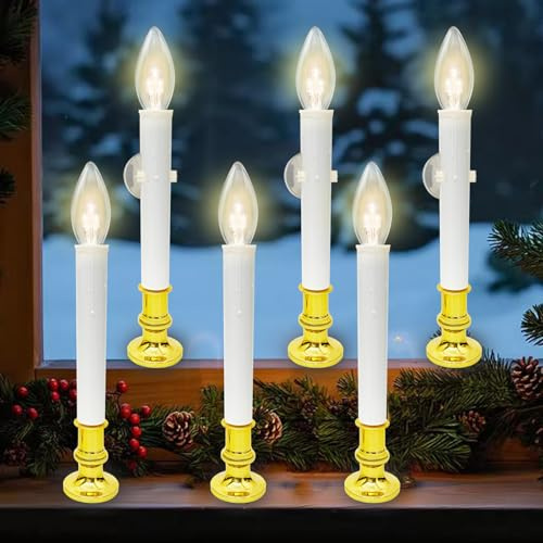 Konictom 6 Pack LED Window Candles with Timer – Battery Operated Flameless Christmas Candles with Gold Holders and Bright 3V Bulbs for Holiday Decorations
