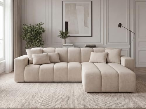 GRAINGOLD Nork Ecksofa 265x180 cm, L-Form Sofa, Ecksofa für Wohnzimmer, Velour, 4-Sitzer Eckcouch, Modernes Design (Beige, Rechts)