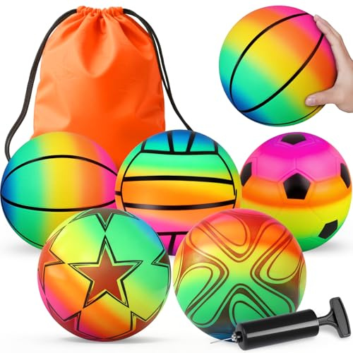 Mechaniker 5er-Pack Sportbälle, 22 cm Kinderspielzeug mit Fußball, Basketball und Volleyball, weicher Gummi-Sprungball für drinnen und draußen, Büro, Geburtstag, (Tasche, Luftpumpe)