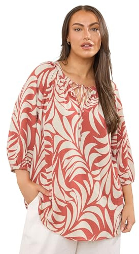 EVANS Curve Rust Orange Leaf Print Tie Neck Blouse - Women's - Plus Size Curve
