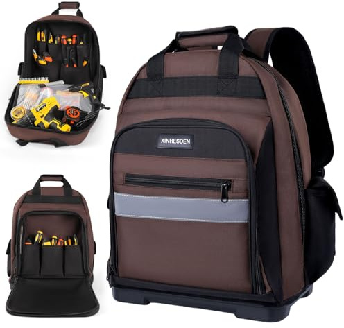 XINHESDEN Tool Bag Backpack, Heavy Duty Tool Backpack Bag with Waterproof Molded Base, Electrician Work Pack for Hand Tools, Multi Pockets Tool Storage Organizer for Contractor, HVAC Techs, Brown