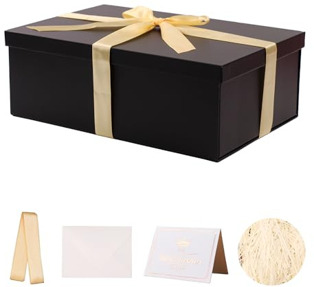 Gift Box with Lid 31.5x21.5x11 cm, Black Gift Boxes for presents Packaging for Birthdays, Valentine's Day, Christmas (Include Shredded Paper Fill, Envelope Card Ribbon)