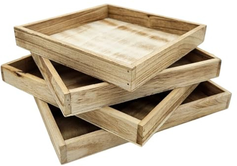 Deko-Holztablett, Rechteckig, 26,5 x 26,5 cm, Natürliches Braun, Serviertablett für Kerzen und Accessoires (Set alle 4 größen)