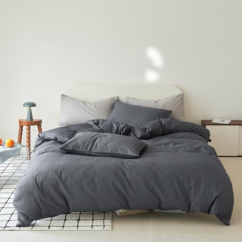VENIES Bettwäsche 180 x 200 cm Baumwolle Ganzjahres Doppelbettbezug | 100% Baumwolle Bettbezug aus Atmungsaktive Bettwäsche Dunkelgrau
